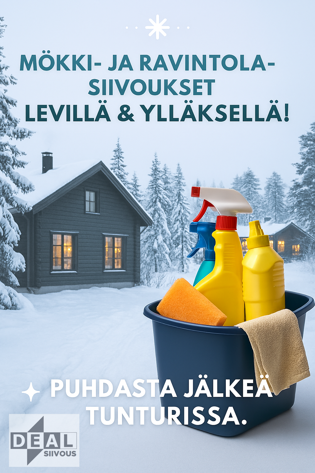 Mainoskuva mökki- ja ravintolasiivouksesta Levillä ja Ylläksellä. Luminen maisema, hirsimökki ja siivoustarvikkeet etualalla. Teksti: "Mökki- ja ravintolasiivoukset Levillä & Ylläksellä – puhdasta jälkeä tunturissa."