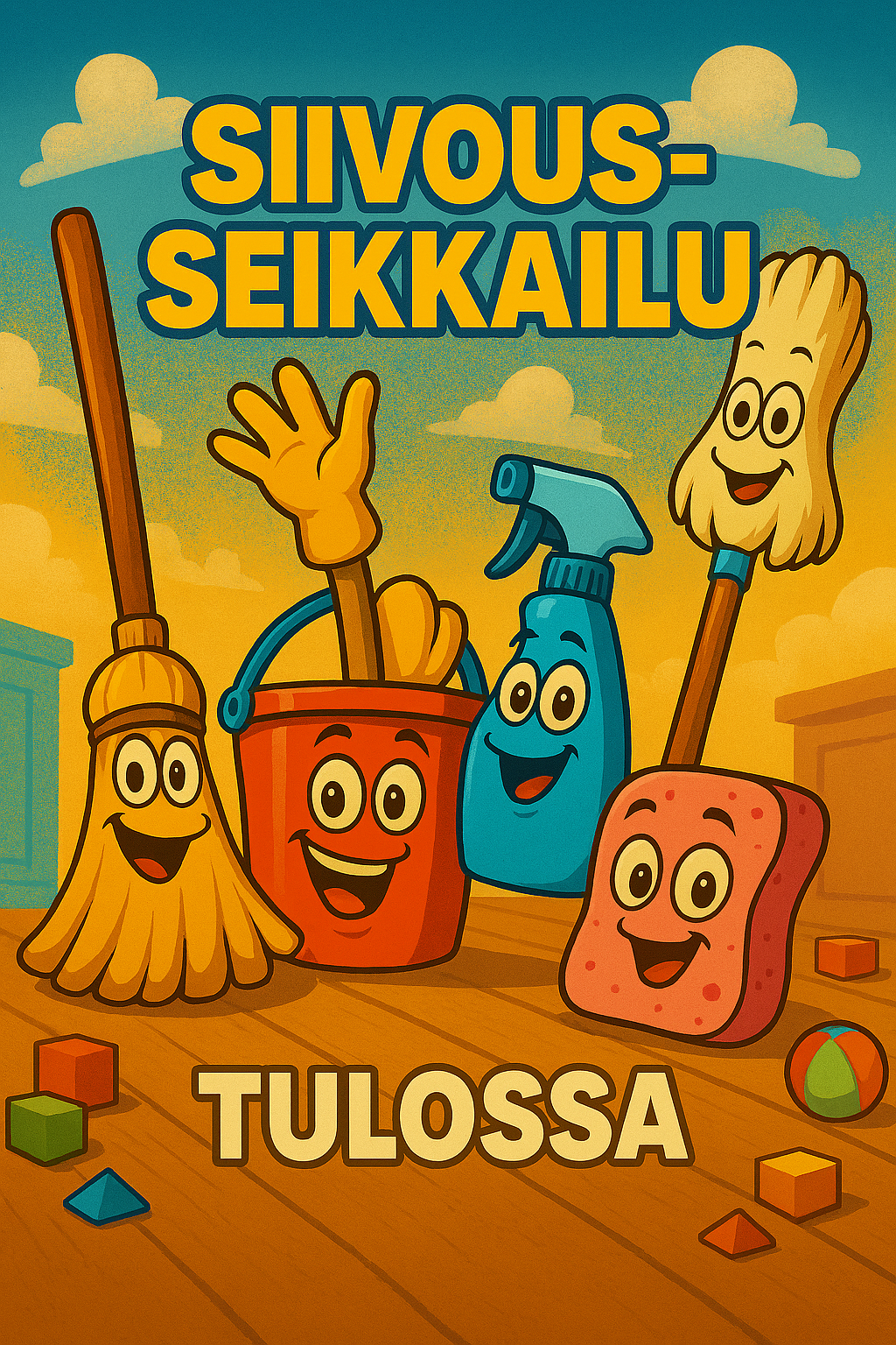 Lasten siivousaiheinen kuvitus, jossa iloiset siivousvälinehahmot – luuta, ämpäri, suihkepullo, pölyhuiska ja sieni – seikkailevat yhdessä ja houkuttelevat mukaan hauskaan siivoukseen.