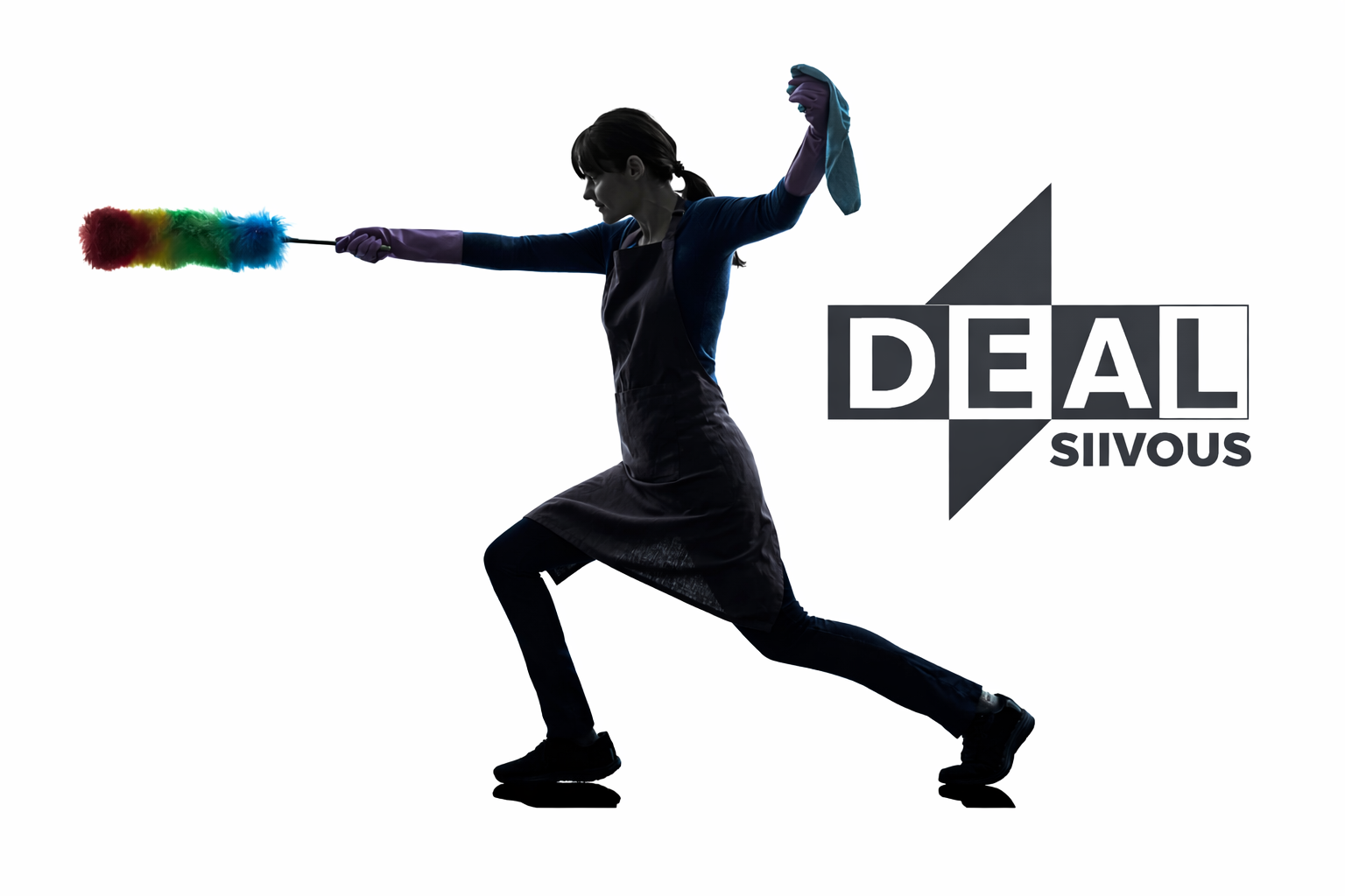 Ammattisiivooja työasennossa siivousväline kädessä, Deal Siivous -logo taustalla. Tehokas ja energinen siivoustyö symboloi laadukasta kotisiivousta ja yrityssiivousta Tampereella.